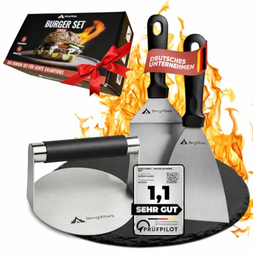 BERGVIBES Burger Smasher 3tlg.,Smash Burgerpresse. aus Edelstahl,Grillspachtel Set,Smash Burger Set,Plancha Spachtel Set, Smasher,Smashed Burger Presse,