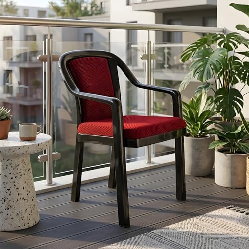 Image of Nilkamal Mid Back Chair with Arm Signature | for Living Room, Bed Room, Kitchen, Office Room, Outdoor | 100% Polypropylene Stackable Chair | (Iron Black & Bright Red)