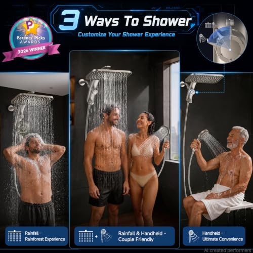 Image of Veken 12 inch Rain Shower Head with Handheld,High Pressure Power Wash,Magnetic | Starlight,Dual Shower Heads Combo,8-Mode Hand Held Spray with Hose,Double Detachable Rainfall Showerhead,Bathroom Accessories