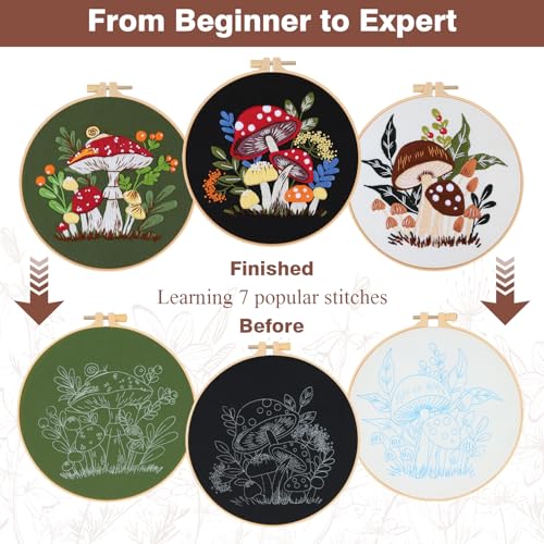 Image of RidaaFri Embroidery Kit for Beginners, 3 Pk Stamped Mushroom DIY Craft Supplies with Hoop, Needles, Floss, Video, Complete Starter Kit for Learning Embroidery, Hobby Gift