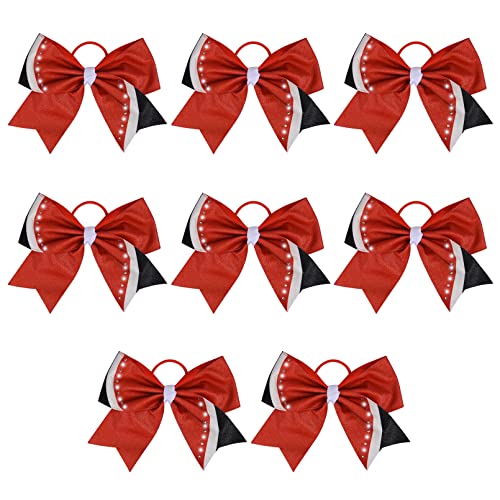 8" Glitter Red Christmas Cheer Bows - CEELGON Large Shiny Red Rhinestone Black Cheer Hair Bows 8PCS Ponytail Holder Handmade for Cheerleader Girls Softball Sports -Pack of 8 -Red/Black