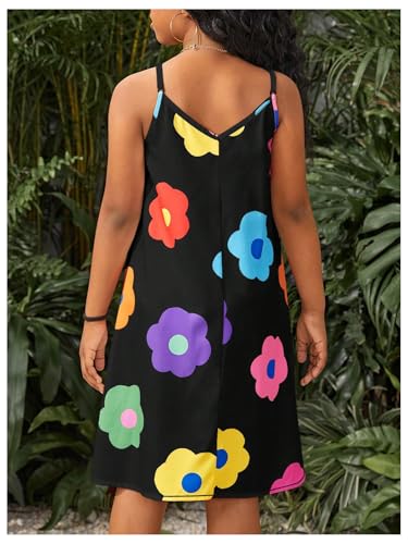 OYOANGLE Girl's Cute Color Block Flower Print Cami Dress Swing Flowy Short Sundress2