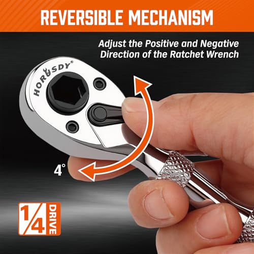 Image of HORUSDY 1 /4-Inch Stubby Ratchet Wrench Set, Chrome Alloy 90-Tooth Reversible 1 /4 inch Drive Handle with Magnetic Bit Driver & 1 /4 inch to 3 /8 inch Adapter, Compact Socket Wrench for Tight Spaces, Auto, DIY