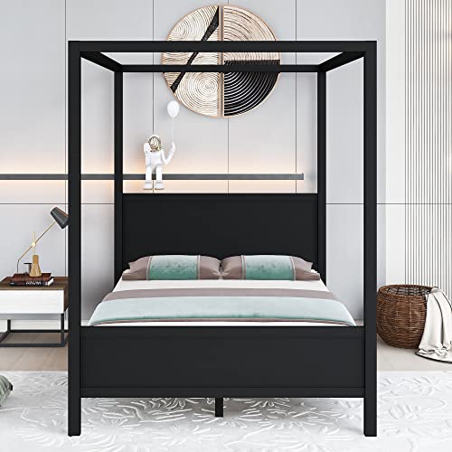 Queen Canopy Bed Frame, With Headboard And Footboard, Wooden Slat Support Leg, For Kids, Teens, Adults, No Box Spring Needed, Black #TOP6
