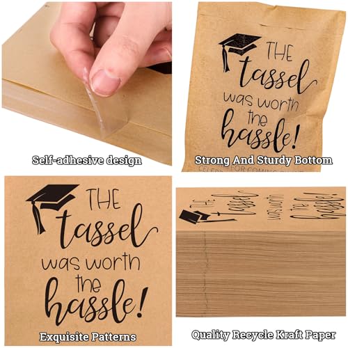 JarThenaAMCS 100Pcs Graduation Cookie Treat Bags The Tassel Was Worth The Hassle Self-Adhesive Congrats Grad Kraft Paper Buffet Candy Gift Bags for 2026 Classroom Party Supplies, 5.1 x 7.1 Inch — view 3