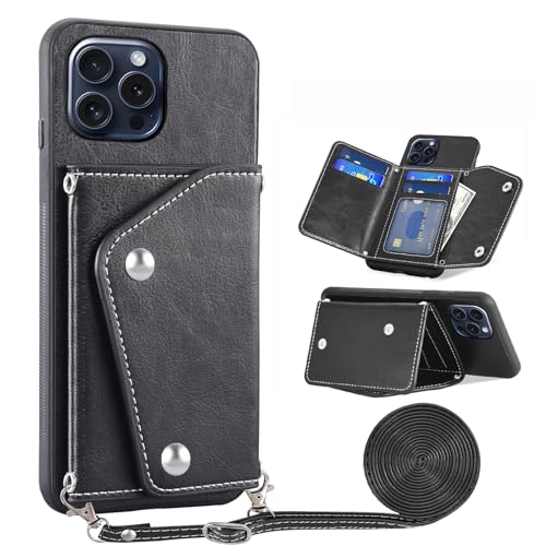 Étui iPhone 15 Pro Asuwish noir avec protège-écran verre trempé et bandoulière