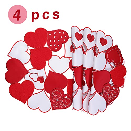 Simplebrand Valentines Day Placemats Set Of 4, 15 Inches Round Red Placemats For Wedding Anniversary, Embroidered Heart Table Placemats Indoor Outdoor Love For Dining Party Decor #TOP1