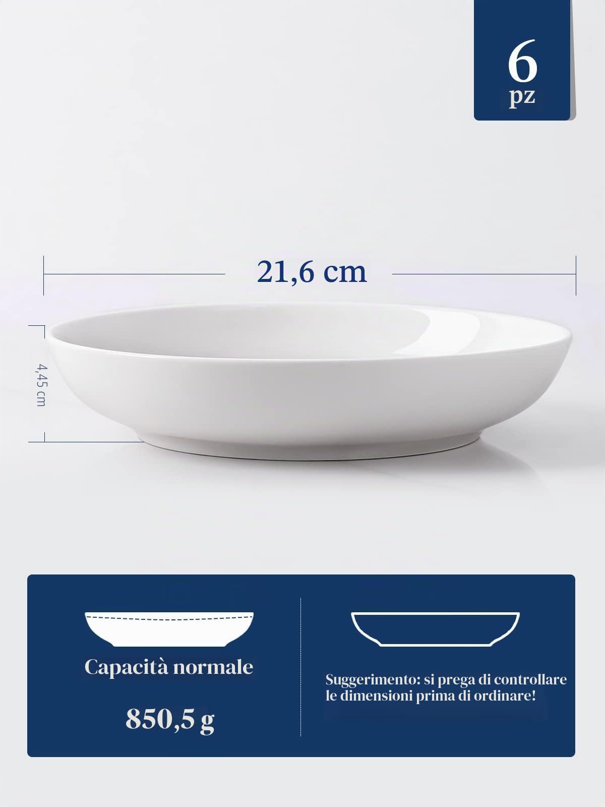 Y YHY Set di 6 Piatti per Pasta, 21,6 x 4,5 cm Piatti Grandi in Porcellana per Insalate, Zuppe, Frutta, Ciotole per Servire, Adatti al Forno a Microonde & Forno & Lavastoviglie - 880 ml, Bianco