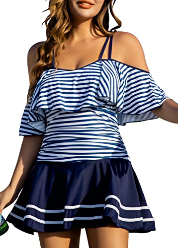 Image of COCOPEAR Women's One Piece Flounce Swimsuit Off Shoulder Bathing Suit Tummy Control Swimdress(FBA)