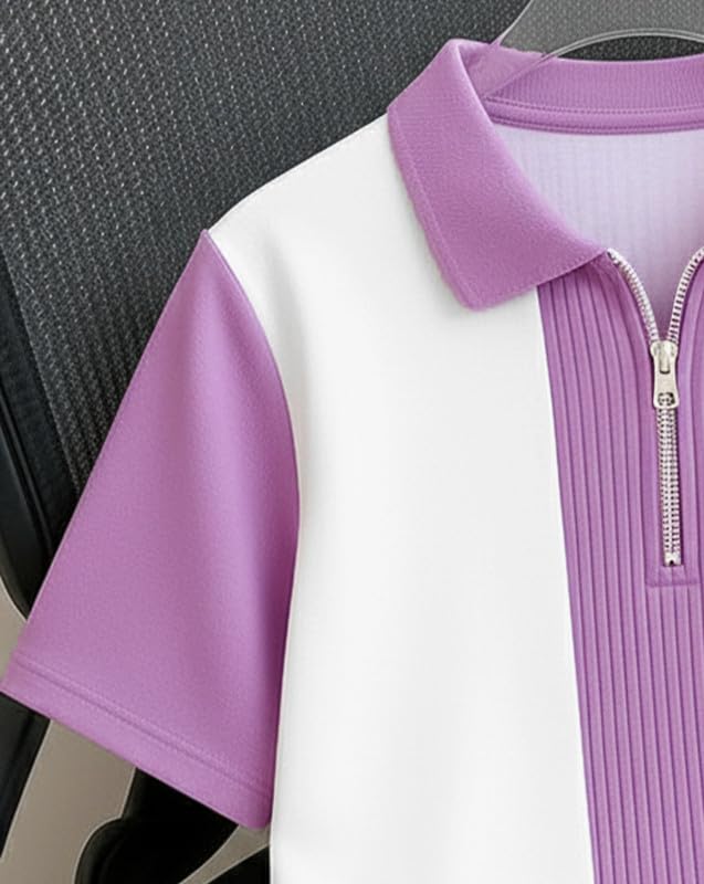 Image of AUSK Men's Textured Vertical Striped Knit Polo T-Shirt | Half Sleeve Zipper Neck Self-Design Casual Tee | Mens Tshirts
