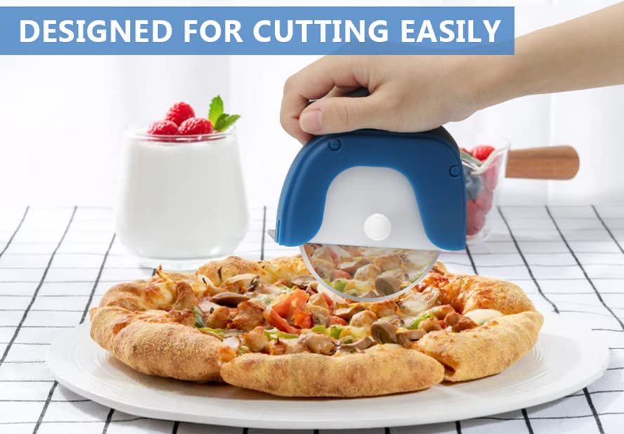 Image of P-Plus International Pizza Cutter and Serving Turner - Pizza Serving Turner - Pizza Cutter Tool - Pizza Spatula - Pizza Cutter Wheel (Set of 2, Pizza Cutter - Blue)
