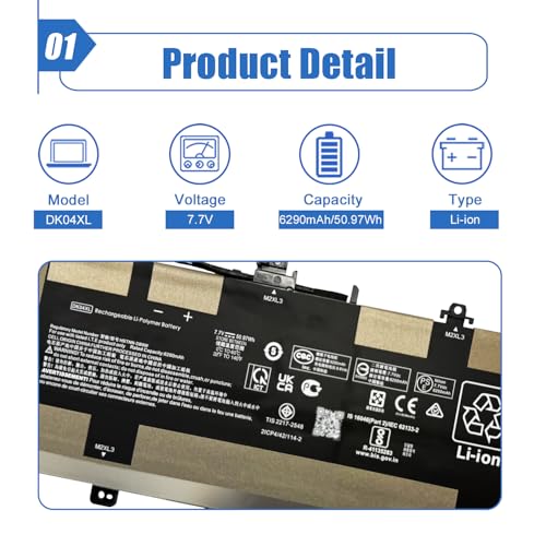 Image of 50.97Wh DK04XL Laptop Battery Replacement for HP Chromebook x360 13c Series Enterprise Elite C1030 Series L93531-2C1 HSTNN-DB9W DK04050XL 7.7V 6290mAh