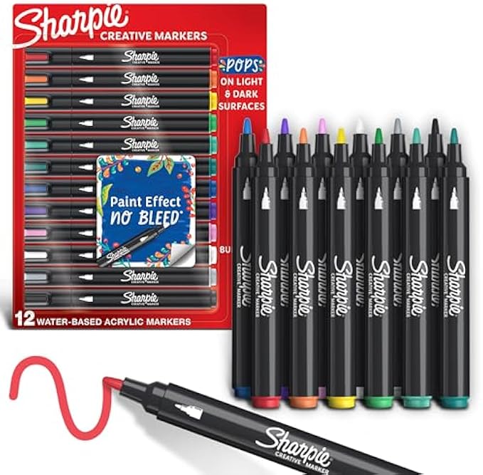 SHARPIE Acrylic Creative Markers, Bullet Tip, Vibrant Assorted Colors, Non-Bleeding Water-Based Ink, Pack of 12