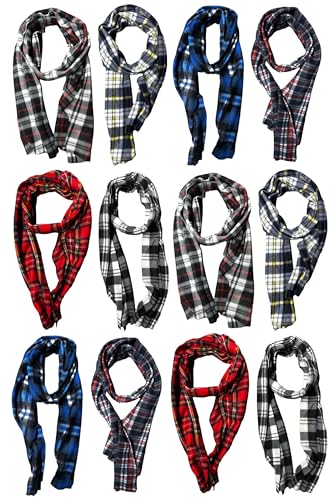 Yacht & Smith Wholesale Bulk Winter Fleece Scarf Solid Black And Plaid, Scarves in Bulk Unisex, One Size