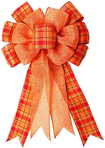 Orange Buffalo Plaid Bow, Thanksgiving Wreath Bow Fall Bow Large Fall Wreath Gift Burlap Bow for Thanksgiving, Fall, Christmas, Front Door Wreath, Tree Topper, Home Indoor Outdoor Decorations