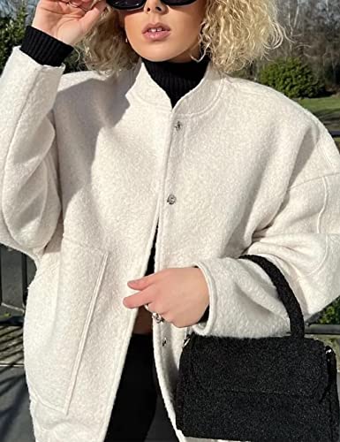 Arssm Women Oversized Long Sleeve Shacket Jackets Wool Blend Coat Button Down Outerwear Bomber Jackets(Beige-M) #TOP5