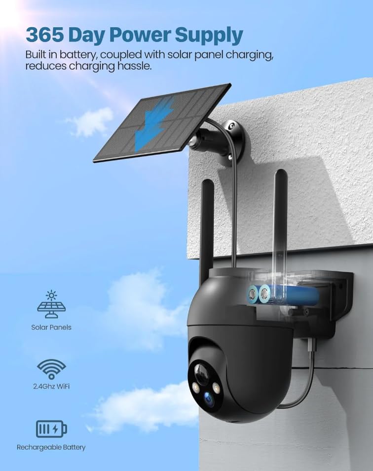 VicoHome bezprzewodowa zewnętrzna kamera monitoringu z panelem solarnym – kamera Wi-Fi 2K bateria, monitoring PTZ 360°, noktowizja, wykrywanie ruchu AI, 2-way audio, wodoodporna, chmura/karta SD