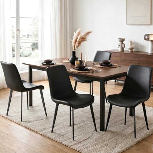 Image of Black Dining Chairs Set of 4, PU Leather Dining Room Chairs, Upholstered Kitchen Chairs with Ergonomic Backrest & Sturdy Metal Legs, Perfect for Dining Room, Living Room, Black