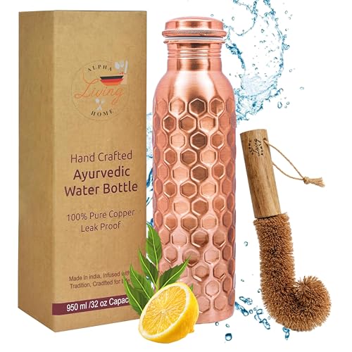 Image of Copper Water Bottle 32 oz, Copper Drinking Bottle Honeycomb | 100% Pure Copper, Ayurvedic Tamra Jal Vessel, Leak-Proof Screw Cap, Cleaning Brush included, Reusable