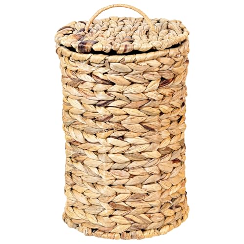yeeplant Material de jacinto de agua de larga duración, cesta de basura tejida a mano para baño, cubo de basura con tapa, decoración rústica vintage para dormitorio, oficina y más, diseño compacto