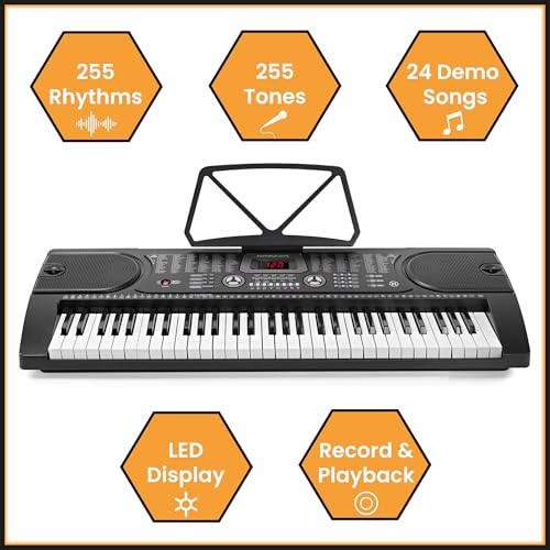 Hamzer 61 Key Keyboard Piano with Built-In Speakers, Stand, Bench, Headphones, Microphone & Key Labels - Electronic Musical Keyboard Set for Beginners