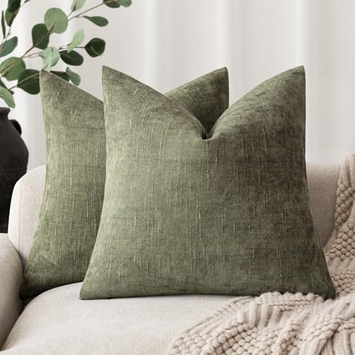 Image of Foindtower Pack of 2 Soft Textured Chenille Throw Decorative Pillow Cover Square Accent Solid Cushion Cover Cozy Neutral Farmhouse Pillow Case for Couch Sofa Bedroom Living Room 24x24 Inch,Olive Green