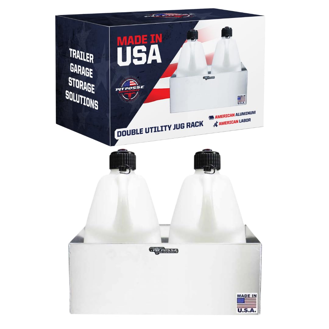 Pit Posse 430 Double Aluminum Utility Fuel Jug Holder Rack Fits Two 5 Gallon Gas Containers - Made in USA - Storage Organizer Enclosed Race Trailer