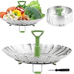 Consevisen Stainless Steel Vegetable Steamer Basket, Expandable 5.1" to 9", Folding Steamer Insert for Veggie, Fish, Seafood Cooking, Silver/Green