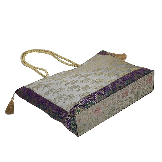 Image of Hand Purse | Traditional Hand Purse | Silk Wallet Hand Bag | Shagun HandPurse | Gifts HandBag | Golden Handle Tote Handbag | Brocade Shoulder Bag | 16 INCH