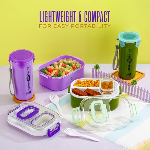 Image of 3 Compartment Lunch Box with 1 Lid Box & Water Bottle Combo | Spoon Fork Included | Leak Proof Lock Mechanism | Microwave Dishwasher & Freezer Safe for Kids & Adults
