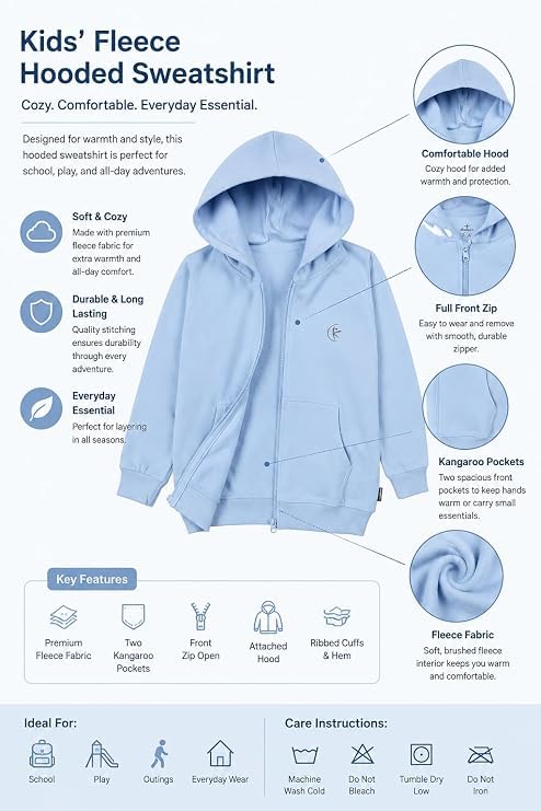 Image of Unisex Kids Solid Full Sleeve Zip Front Open Hooded Sweatshirt