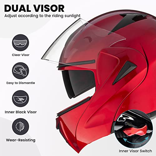 ILM Motorcycle Helmets Modular Dual Visor Flip-up Full Face Street Bike Racing Helmet DOT 5 Colors Model 808 (M, Red)