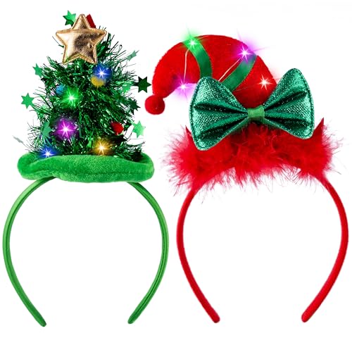 JOYIN 2 PCS Christmas LED Headband, Tree and Elf Hat Designs Headband with LED Lights for Christmas Party Decoration