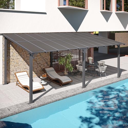 Image of 10' x 20' Lean to Gazebo Pergola,Hardtop Gazebo Metal Large Galvanized Steel Wall Mount Pergolas on Clearance with Lights,Polycarbonate Roof,Awnings,Patio Canopy for Backyard,Deck,Porch