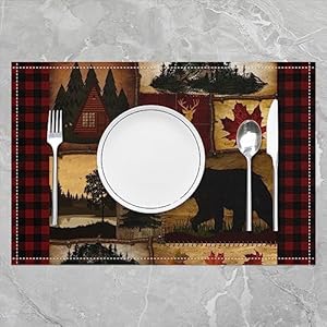 Set of 4 Bear Cabin Plaid Placemats 12x18, Rustic Farmhouse Place Mats, Retro Hunting Deer Scratch Proof Placemats, Country Woodland Pine Tree Waterproof Placemats, Maple Leaf Table Mats for Kitchen Set of 4 Bear Cabin Plaid Placemats 12×18 Rustic Farmhouse Place Mats Retro Hunting Deer Scratch Proof Placemats Country Woodland Pine Tree Waterproof Placemats Maple Leaf Table Mats for Kitchen