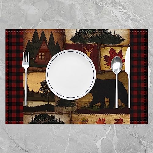 Set-of-4-Bear-Cabin-Plaid-Placemats-12×18-Rustic-Farmhouse-Place-Mats-Retro-Hunting-Deer-Scratch-Proof-Placemats-Country-Woodland-Pine-Tree-Waterproof-Placemats-Maple-Leaf-Table-Mats-for-Kitchen Set of 4 Bear Cabin Plaid Placemats 12×18 Rustic Farmhouse Place Mats Retro Hunting Deer Scratch Proof Placemats Country Woodland Pine Tree Waterproof Placemats Maple Leaf Table Mats for Kitchen