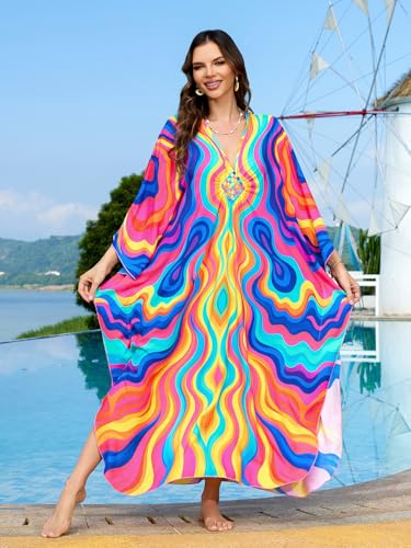 Image of IMAGEKOPE Women's Plus Size Animal Print V-Neck Batwing Kaftan Beach Dress Bathing Suit Cover-Up Loungewear