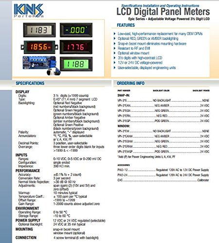 VPI-1CGP-K Digital Panel Meter Voltmeter, variable voltage input 3 1/2 digit Voltage Powered Green LCD