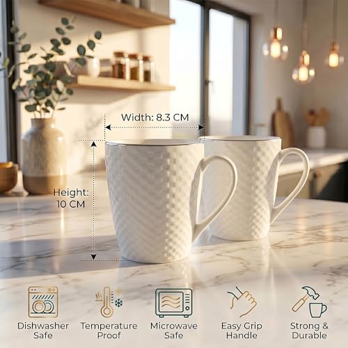 Image of UPC White Bone China Mug Set of 2 with Silver Rim | Textured Ceramic Coffee & Tea Mugs | Elegant Microwave Safe Drinkware for Home & Office