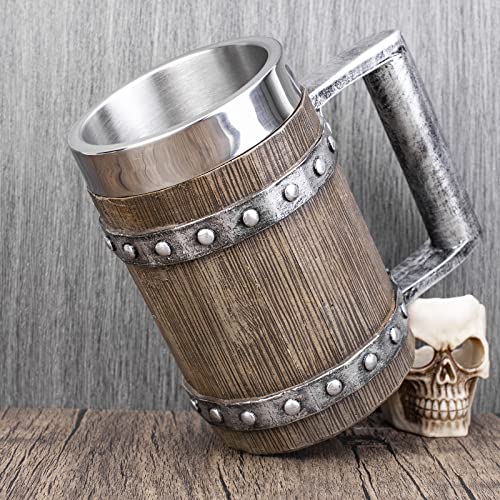 Ktotkmota Wooden Beer Mug, Medieval Vintage Metal Wooden Barrel Stein, Stainless Steel Liner Resin Tankard, Beer Coffee Cola Juice Cup Men's Gift #TOP7