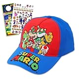 Nintendo Super Mario Family Hat - Super Mario Baseball Cap Bundle with Bowser, Mario, Luigi, Toad, and Yoshi Plus Stickers, Door Hanger | Super Mario Baseball Hat for Kids