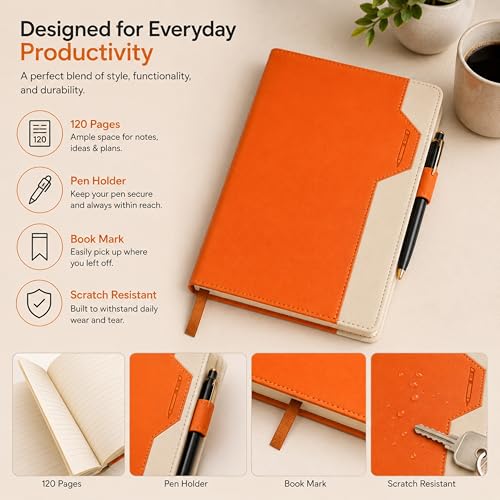 Image of A5 Soft PU Leather Notebook Journal with Pen Holder & Bookmark Ribbon, 120 Sheets /240 Pages Lined Paper, Premium Leather Diary for Office, Work, Business, Meeting Notes, Travel, Students & Professionals (21 X 15 CM) (Orange)