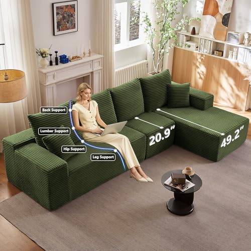 Image of 135 inch Cloud Sectional Couch with L-Shape Chaise, Modern Modular Comfy Sofa Chaise Longue, Upholstered Corduroy Couches Sleeper with Deep Seat for Living Room Bedroom, No Assembly Required, Green