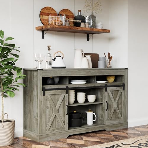 Image of RoyalCraft Farmhouse TV Stand with Sliding Barn Door for TVs up to 65+ Inch, 34 inch Tall Entertainment Center, Wood Media Console Storage Cabinet for Bedroom, Living Room, Light Grey