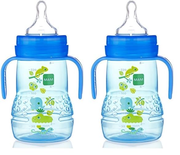 MAM Plastic Trainer Cup (1 Count), Trainer Drinking Cup with Extra-Soft Spout, Spill-Free Nipple, and Non-Slip Handles, for Boys 4+ Months, Eight Ounces, Designs May Vary (Pack of 2)