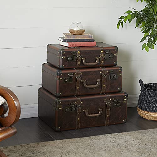Deco 79 Leather Nesting Upholstered Trunk With Vintage Accents And Studs, Set Of 3 18", 21", 23"W, Brown #TOP1