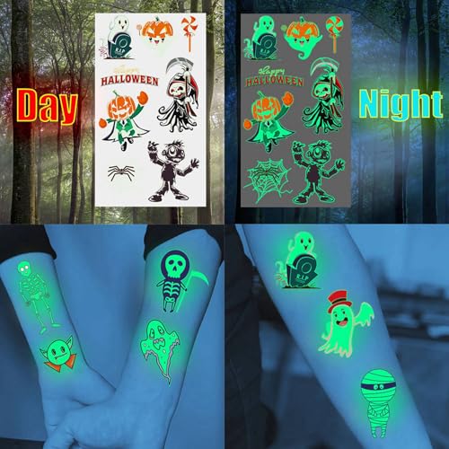 Image of 10 Sheets 80+ PCS Night Glitter Luminous Halloween Temporary Tattoos For Kids Boys Girls Face, Zombie Glow in The Dark Fake Tattoo Sticker, Ghost Spider Tattoos Basket Goodie Bag Stuffers Fillers