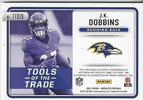 J.K. Dobbins Autographed & Serial Numbered #17/99 Dual Relic Memorabilia Tools of the Trade Collectible Football Card - 2021 Absolute Football Card #TTD39 (Ravens)