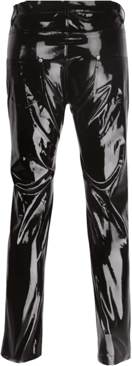 Oyolan Men Glossy Wet Look Patent Leather Pants Bar Nightclub Stage Show Costume Mid Waist Trousers