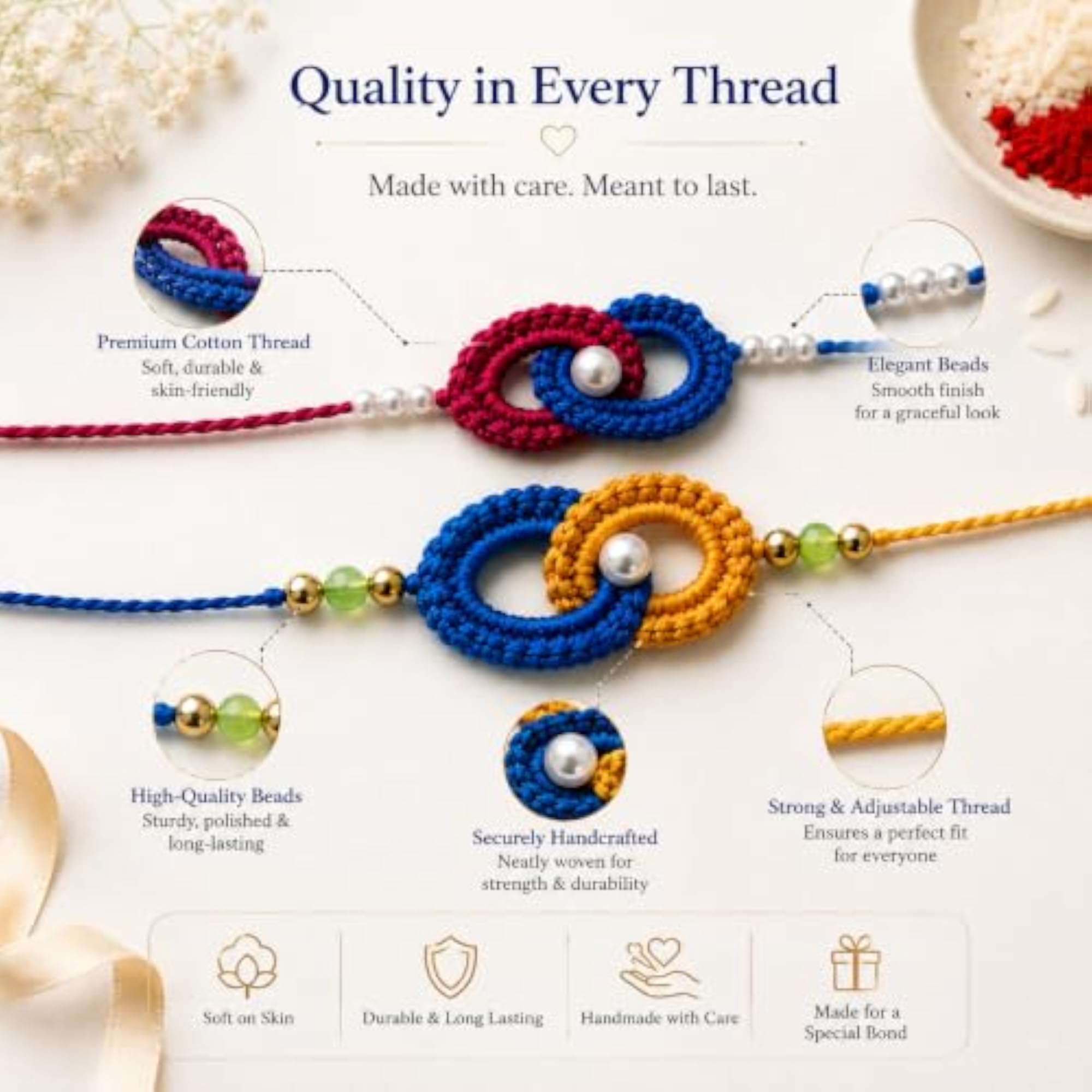 Set of 2 Handcrafted Crochet Rakhi with Pearl & Bead Work